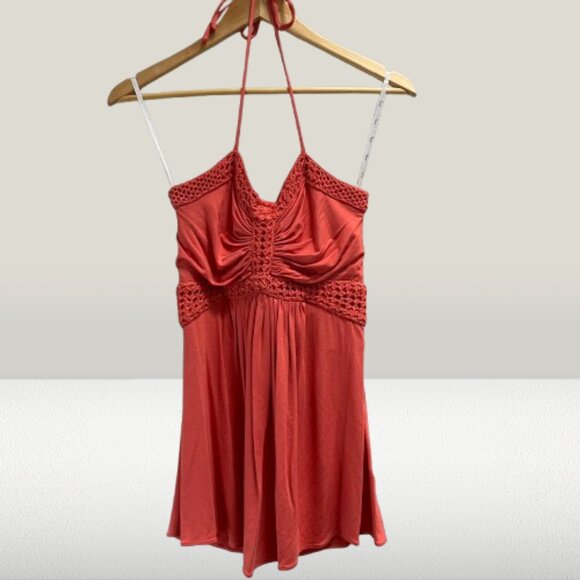 Sky Women's Crochet‎ Coral Orange Halter Tie Neck Top NEW Medium - Picture 2 of 4